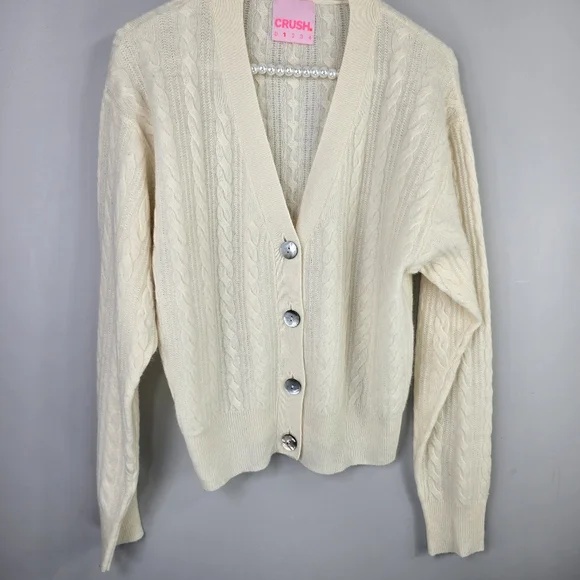 Crush Womens Cashmere Cream Ivory Cable Knit Soft Luxury Cardigan Sweater Top SM